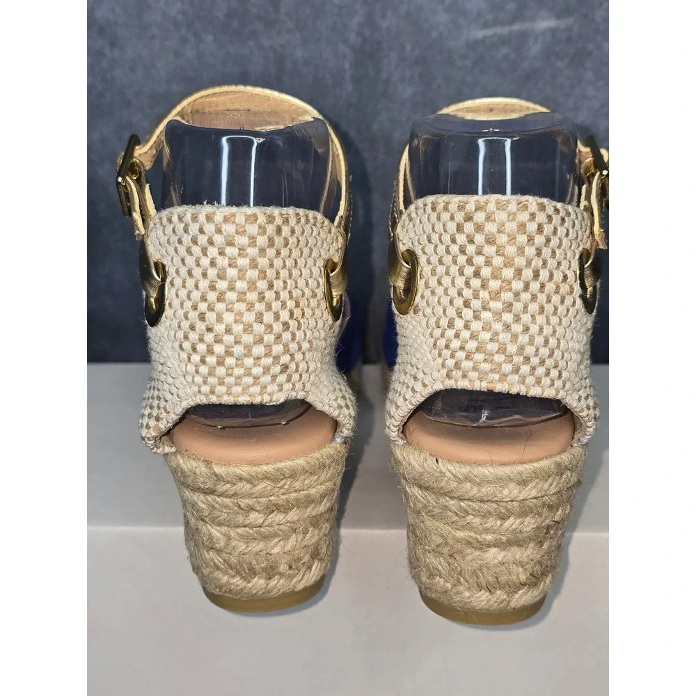 NWOT Gaimo Yosie Espadrille Wedge Blue Suede Gold Ankle Strap Sandals EU 36 us 6